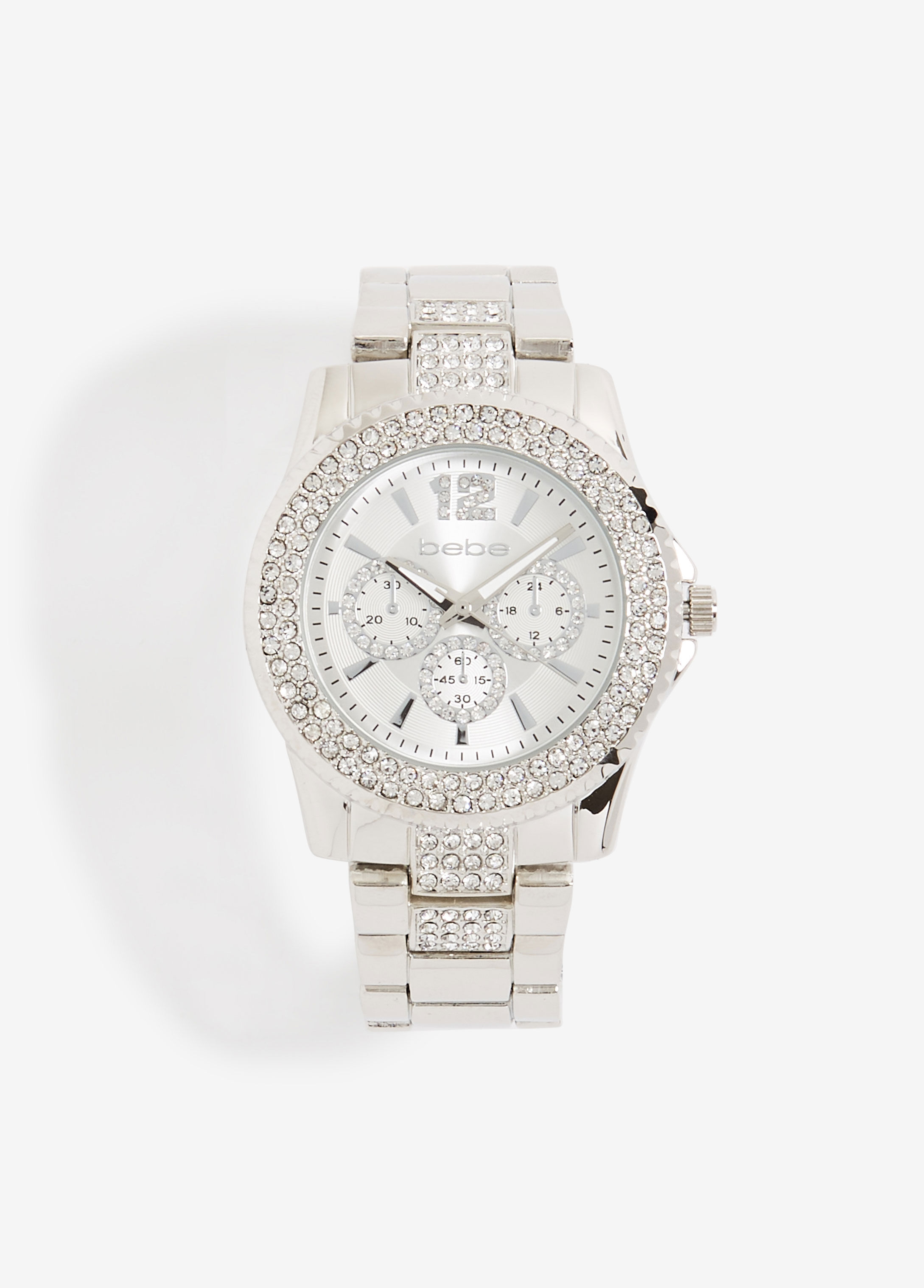 Trendy Womens Statement Watches Bebe Silver Logo Rhinestone Dial