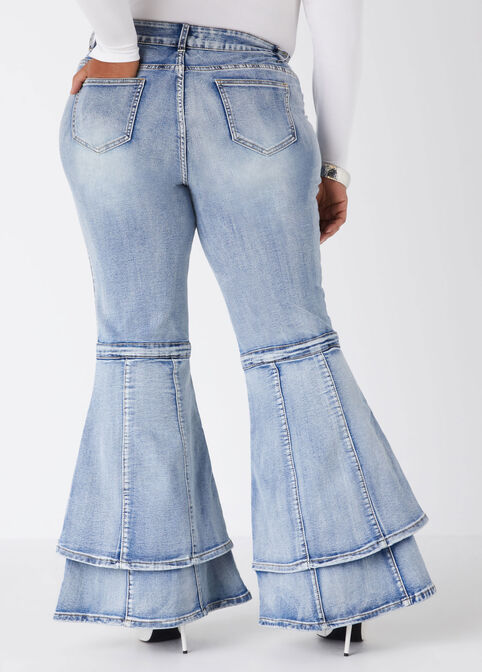 Tiered Bell Bottom Jeans, Medium Blue image number 1