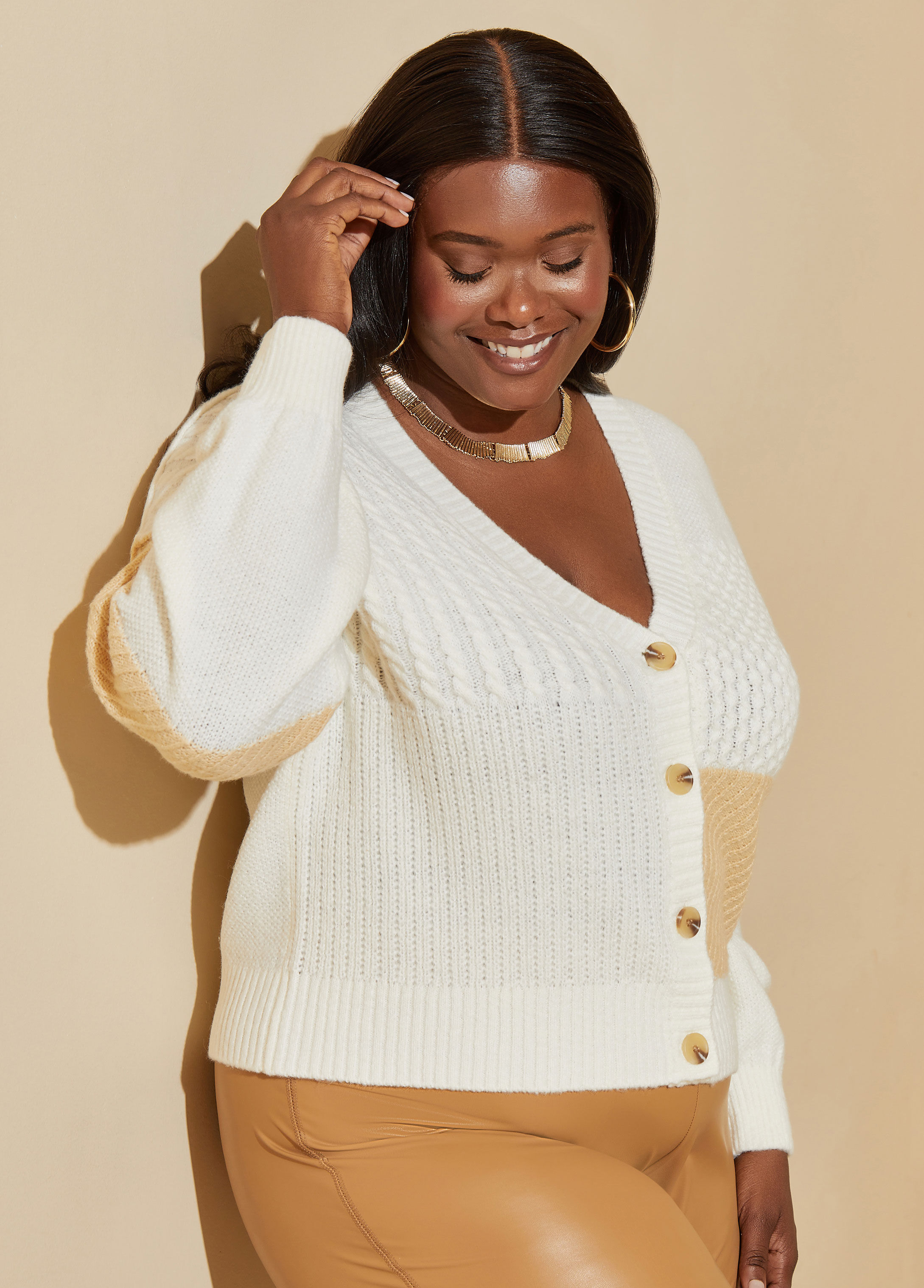 Plus Size two tone cardigan knitted paneled sweater plus