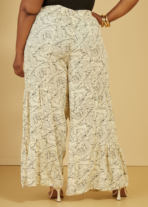 Flounced Floral Print Pants, Ivory image number 1