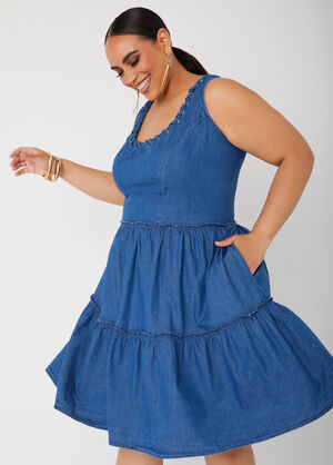 Lace Up Chambray Dress, Denim Blue image number 0