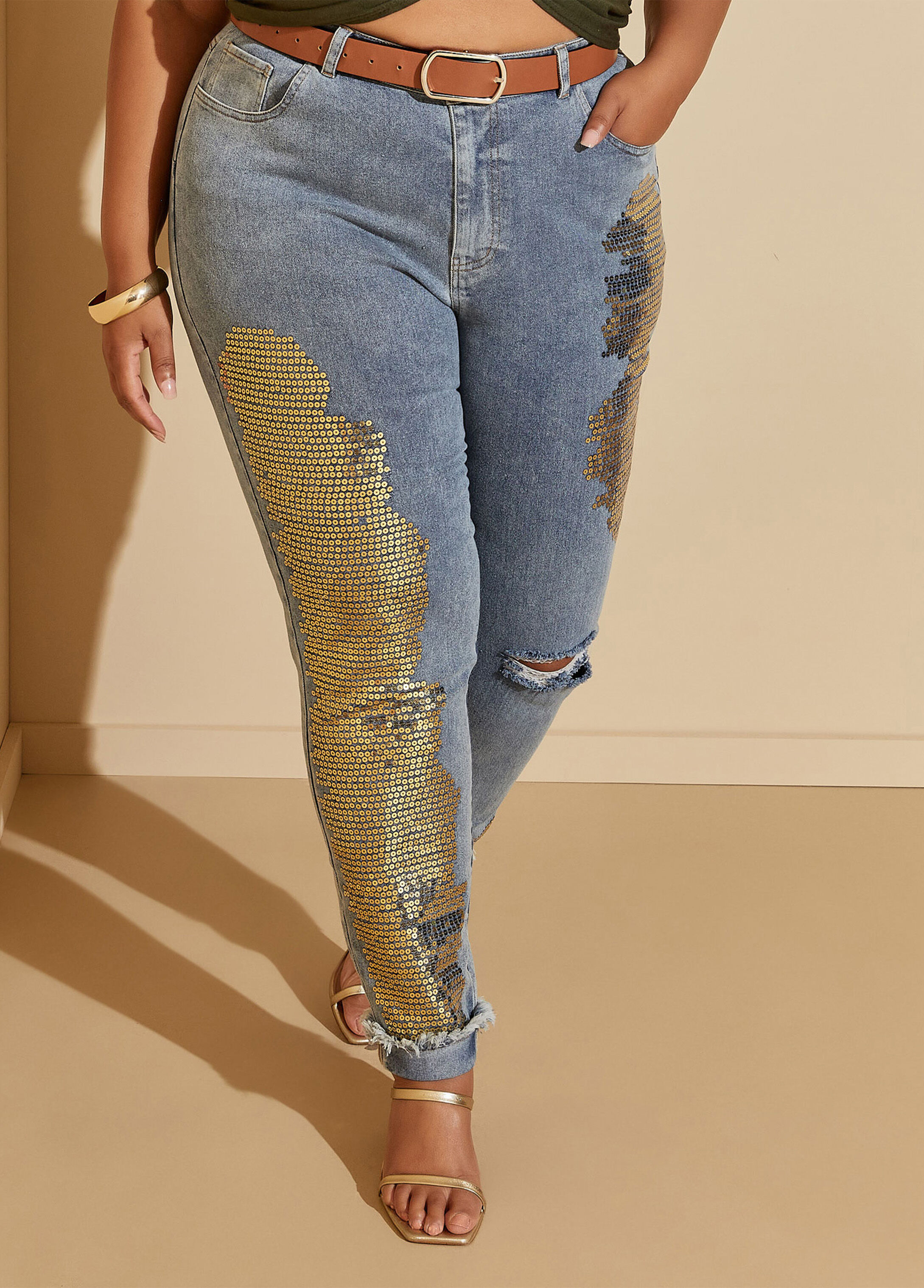 Distressed sequin sales denim jeans