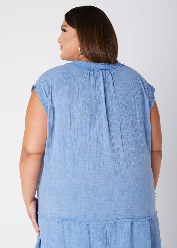 Frayed Cotton Gauze Top, Blue image number 1