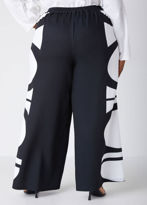 Printed Crepe Wide Leg Pants, Black White image number 1