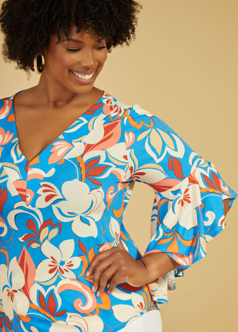 Floral Print Drama Sleeved Top, Blue image number 2