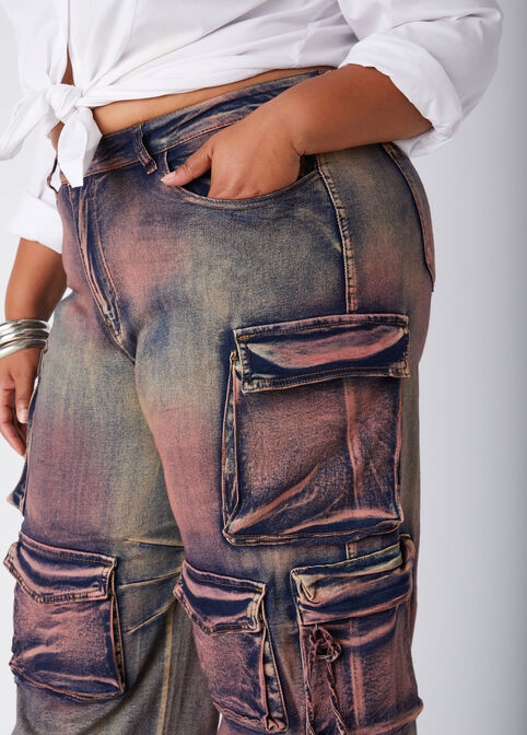 Whiskered Wide Leg Cargo Jeans, Orange image number 2