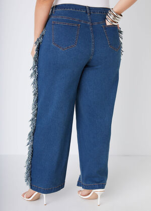 Fringed Distressed Wide Leg Jeans, Dk Rinse image number 1