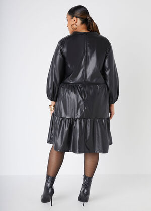 Tiered Faux Leather A Line Dress, Black image number 1