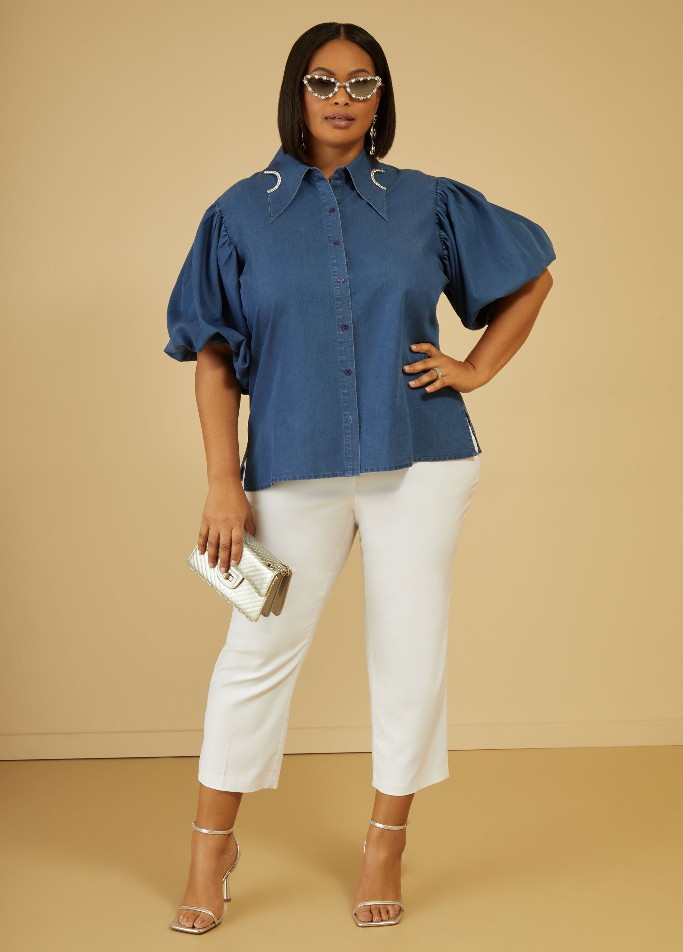 Crystal Puff Sleeved Denim Shirt