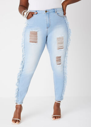 Fringed High Rise Skinny Jeans, Classic Blue image number 0