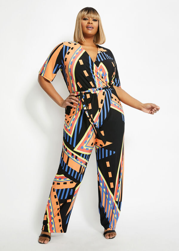 Plus Size Belted Geometric Wrap Wide Leg Sexy Summer Jumpsuit