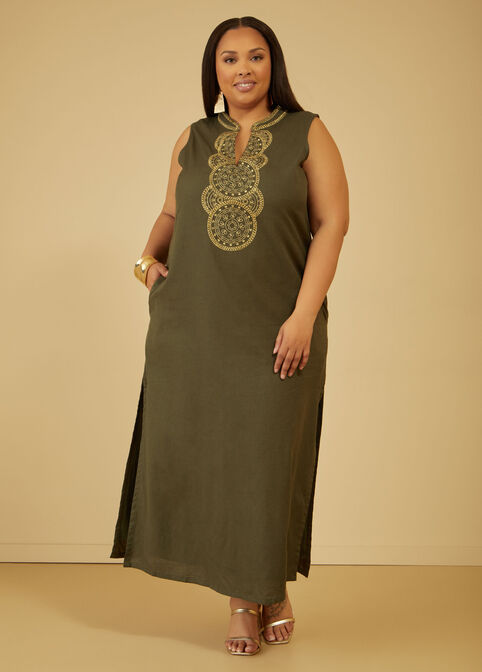 Embroidered Linen Blend Maxi Dress, Deep Depths image number 0