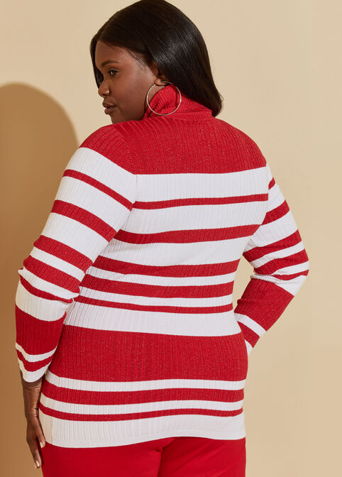 Plus Size Classic Striped Metallic Ribbed Knit Turtleneck Sweater
