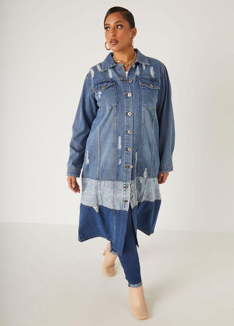 Colorblocked Maxi Denim Jacket, Denim Blue image number 0