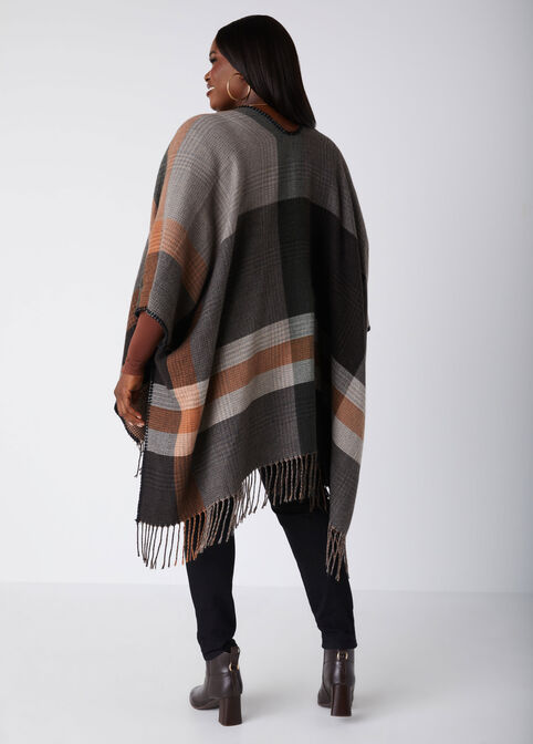 Reversible Fringed Plaid Ruana, Brown image number 1