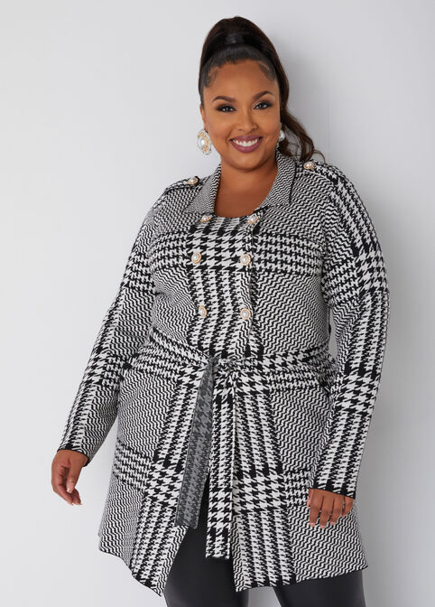 Houndstooth Double Breast Cardigan, Black White image number 2