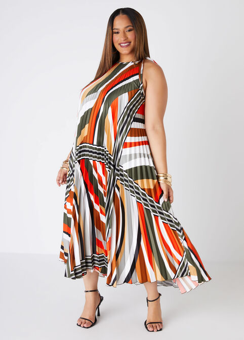 Striped Pleated Midi Dress, Multi image number 2