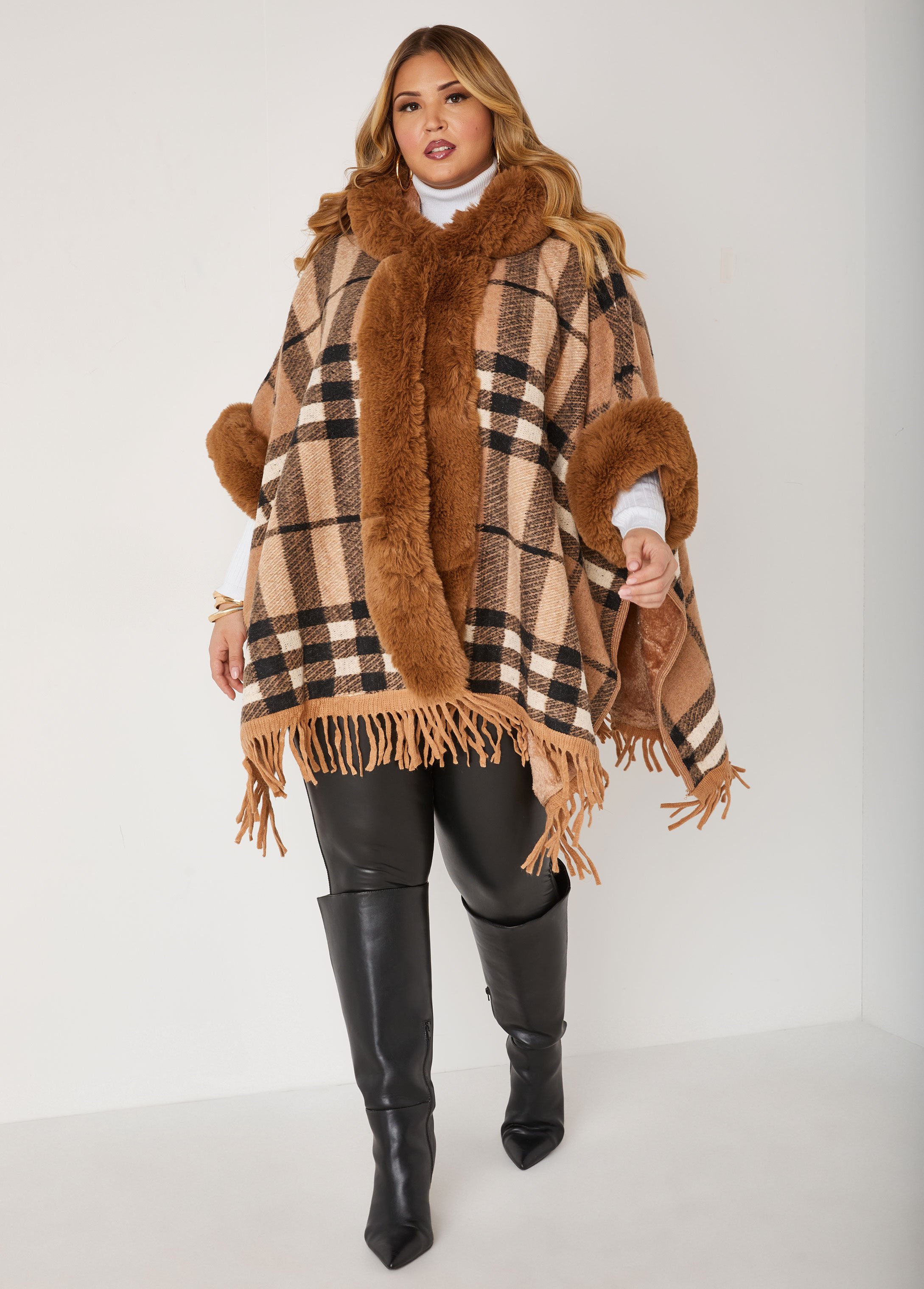 Faux Fur Trimmed Hooded Poncho