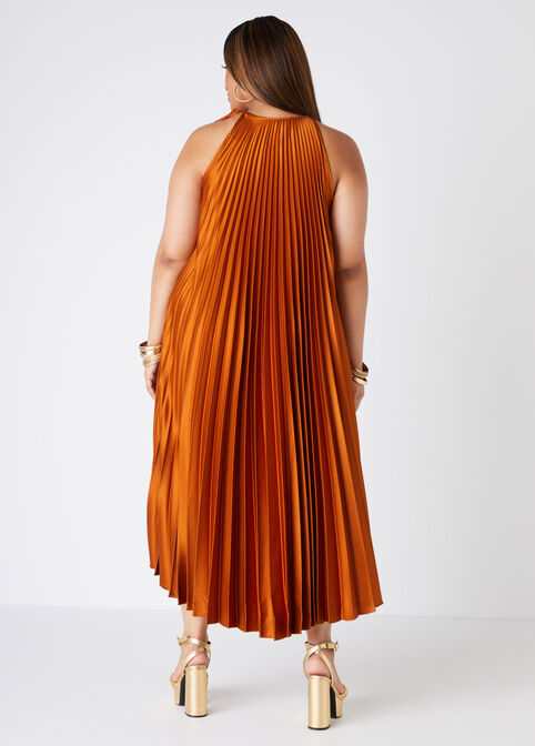 Accordion Pleated Midi Dress, Caramel Cafe image number 1