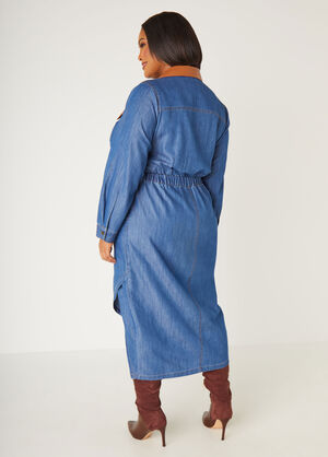 Faux Leather And Chambray Shirtdress, Denim image number 1