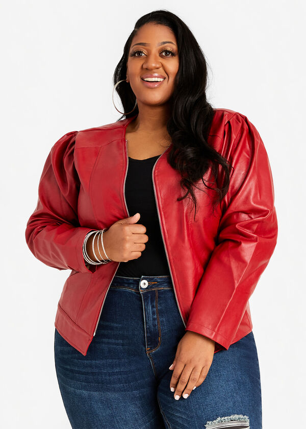 Plus Size Faux Leather Puff Sleeve Collarless Trendy Zip Front Jacket