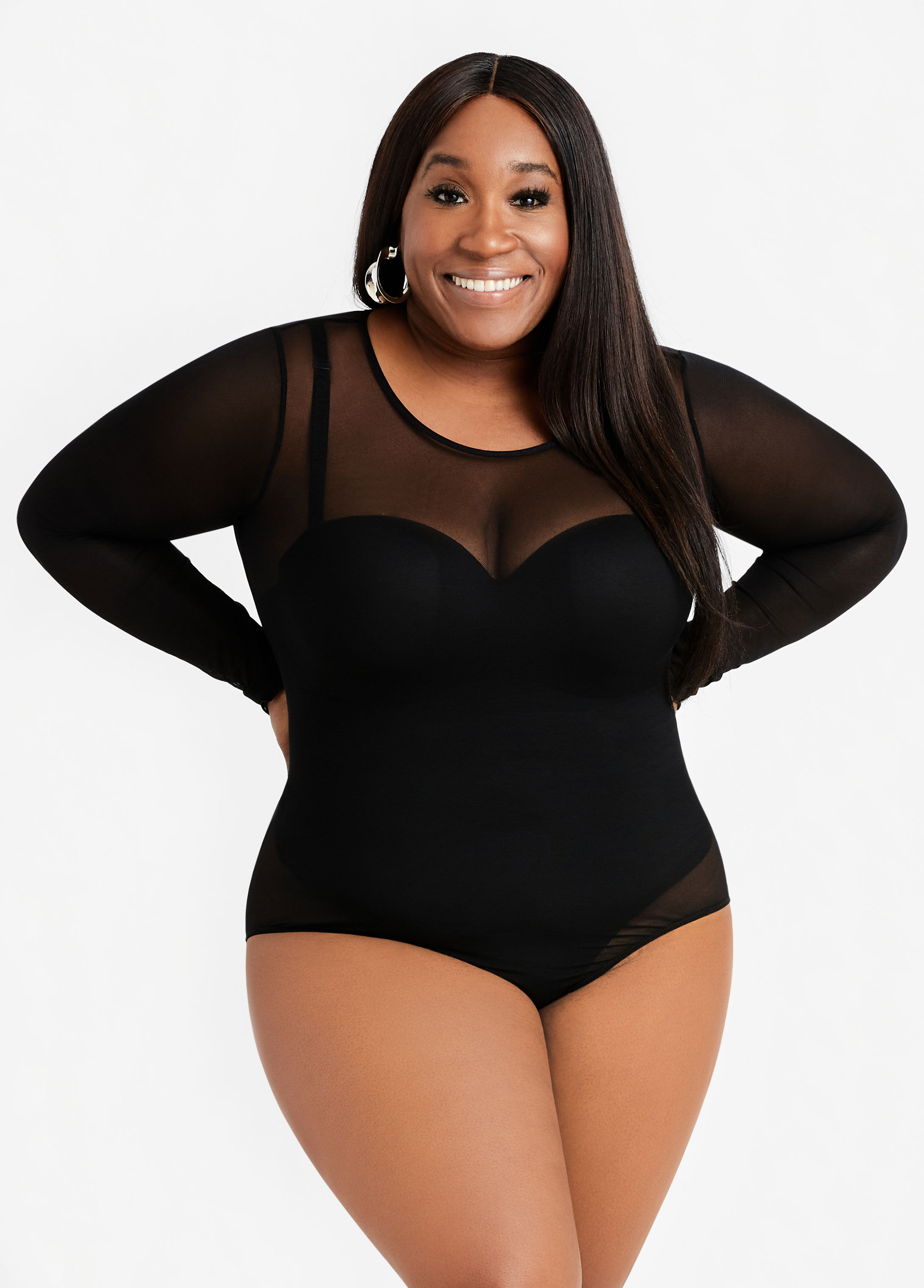 Plus Size Sexy Mesh Long Sleeve Scoop Neck Lingerie Bodysuit