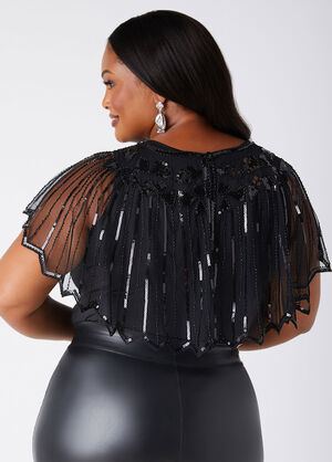 Sequin And Beaded Mesh Capelet, Black image number 1