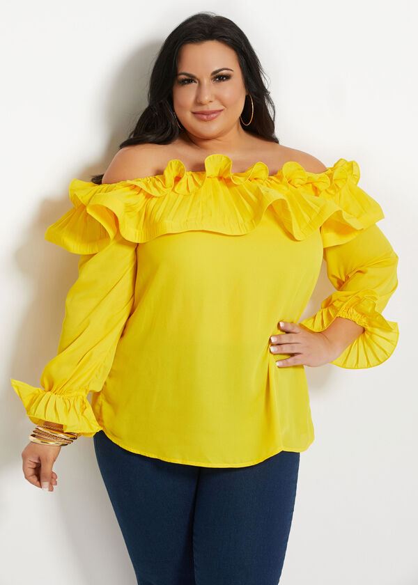 Plus Size Pleated Tiered Ruffle Off The Shoulder Summer Blouse Tops