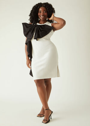 Bow Embellished Sheath Dress, White Black image number 0