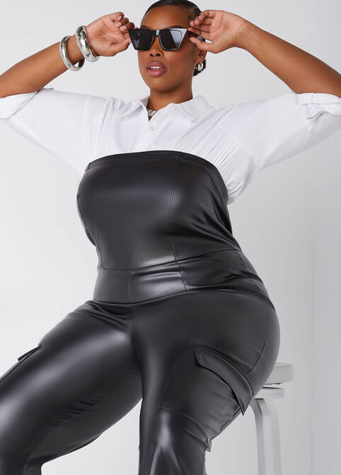 Strapless Faux Leather Jumpsuit, Black image number 3