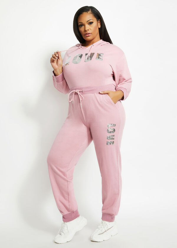 Plus Size Trendy Pink Love Sequin Active Drawstring Jogger