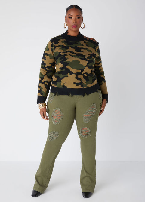 Distressed Cutout Camo Sweater, Olive image number 3