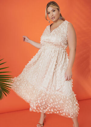 Butterfly Appliqued Tulle Gown, Creme Crepe image number 0