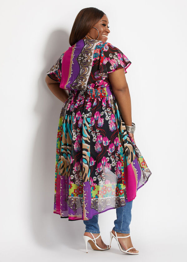 Plus Size Mix Print Sheer Hi Low Smocked Duster Party Summer Tops