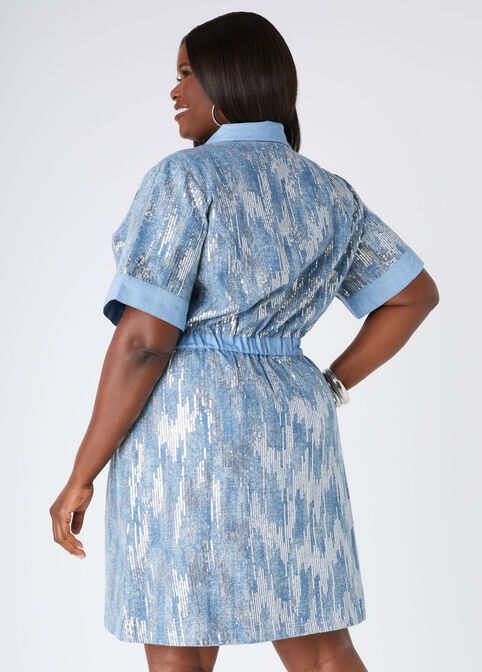 Sequined Denim Shirtdress, Denim image number 1