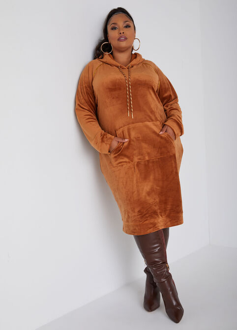 Hooded Lurex™ Trimmed Velour Dress, Caramel Cafe image number 3