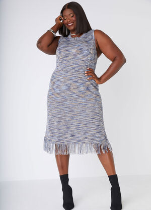 Fringed Crocheted Sweater Dress, POWDER BLUE image number 0