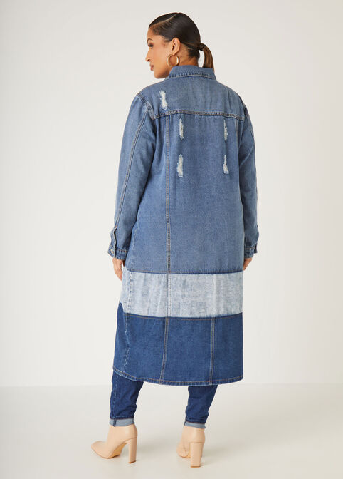 Colorblocked Maxi Denim Jacket, Denim Blue image number 1