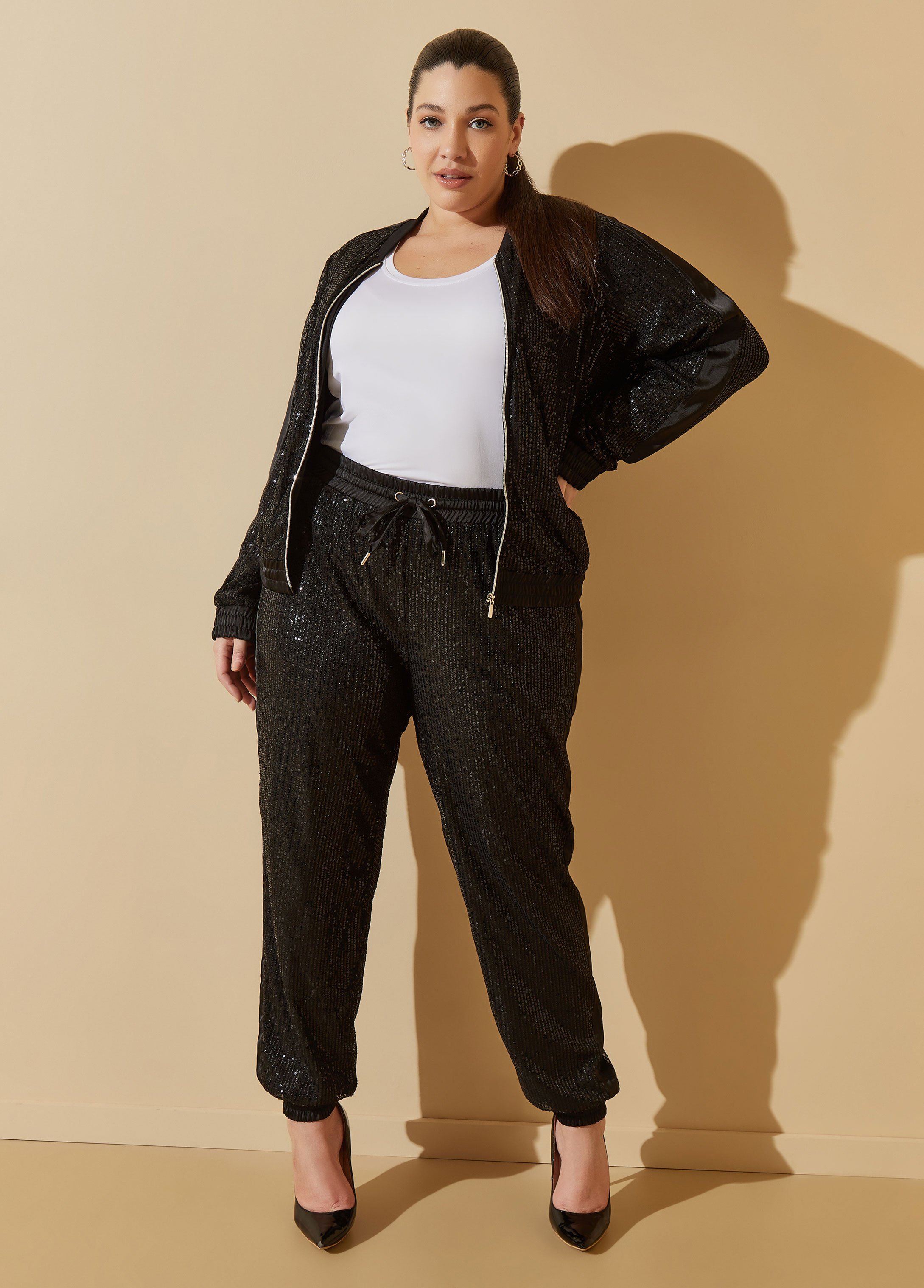 Plus Size Sequin Track Pants 80s 2000 fashion Y2K Streetwear Set