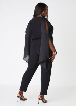 Drama Sleeved Faux Wrap Jumpsuit, Black image number 1