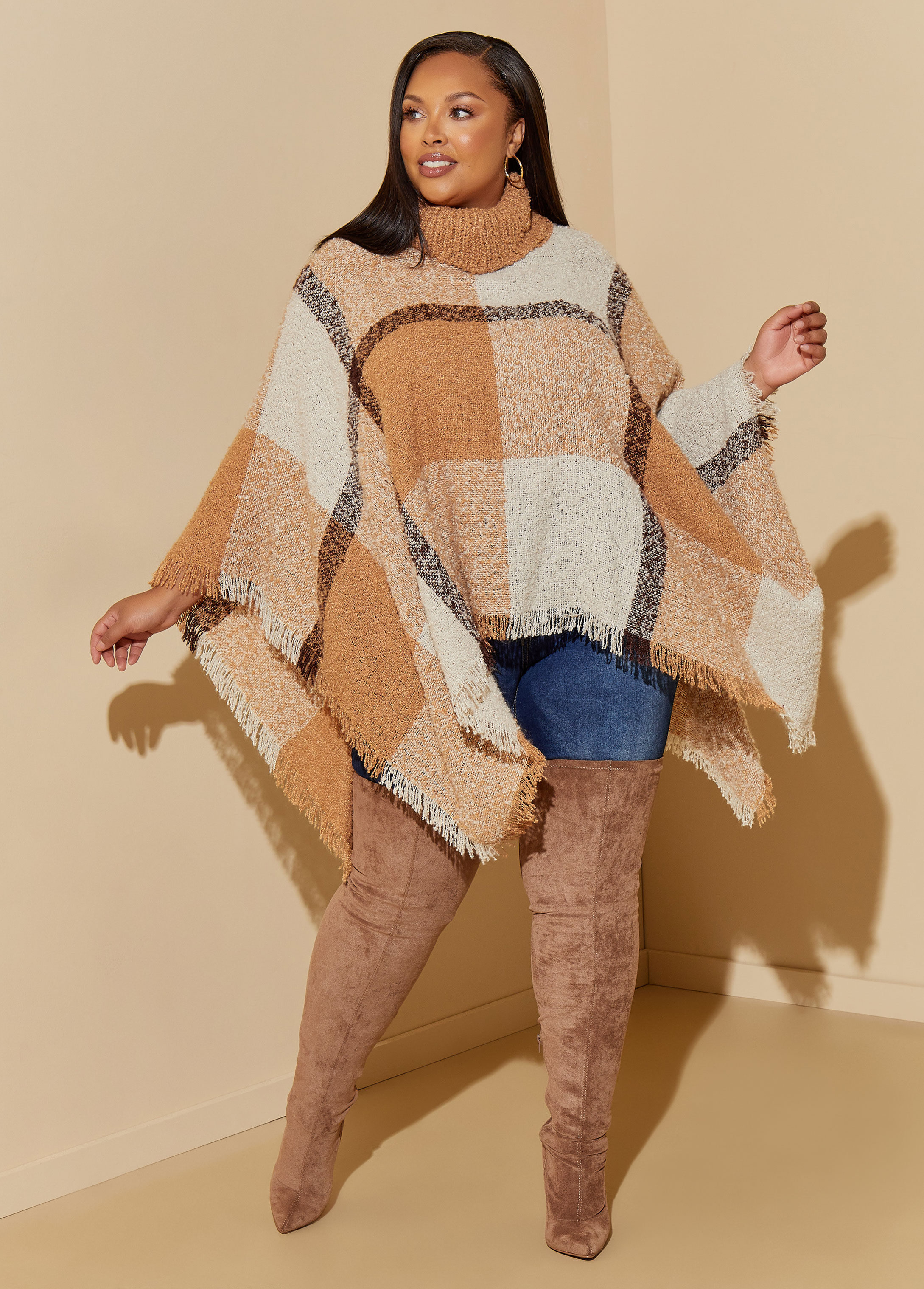 Plus Size Cozy Chic Knit Ponchos Stylish Plus Size Plaid Ruana