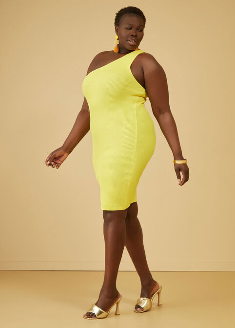 One Shoulder Ribbed Bodycon Dress, Maize image number 2