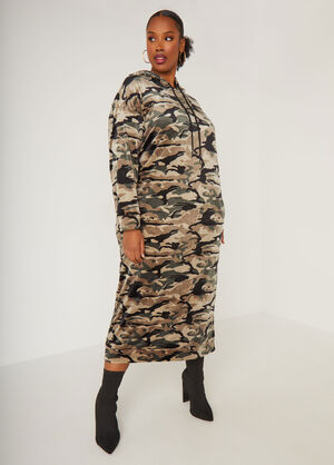 Hooded Camo Velour Maxi Dress, Olive image number 0