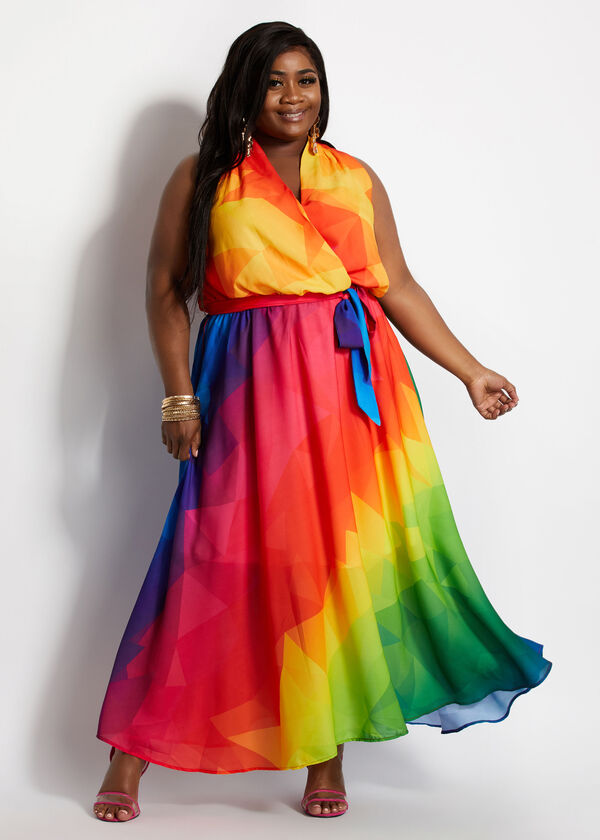 Plus Size Belted Rainbow Abstract Wrap Maxi Summer Party Sexy Dress