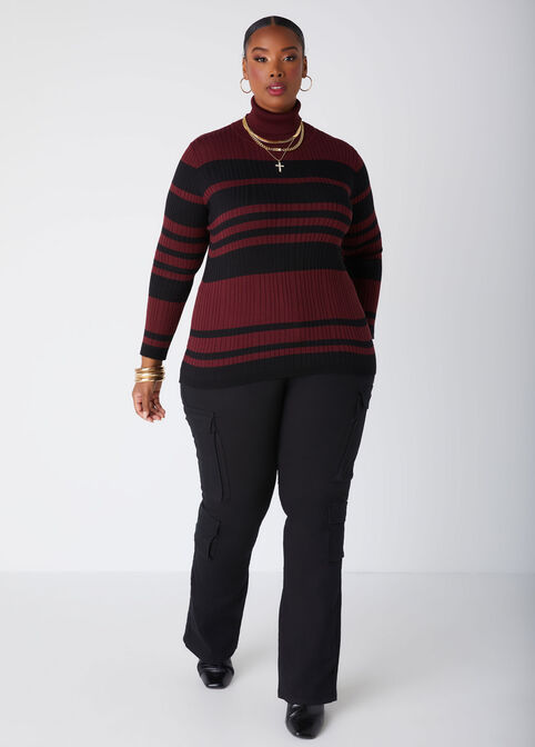 Striped Ribbed Turtleneck Sweater, Tawny Port image number 3