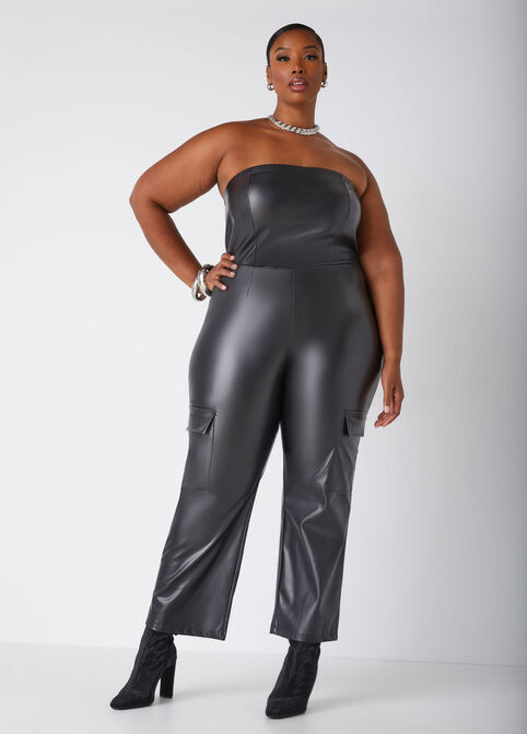 Strapless Faux Leather Jumpsuit, Black image number 4