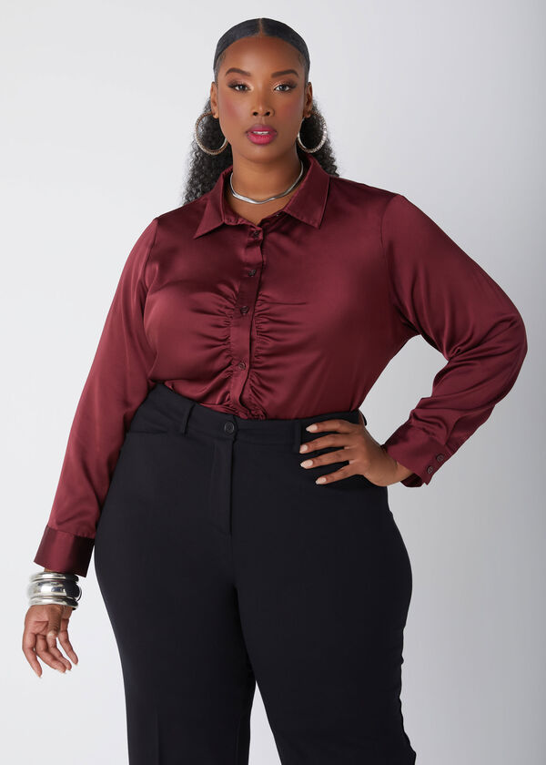 Ruched Front Satin Shirt, Tawny Port image number 0