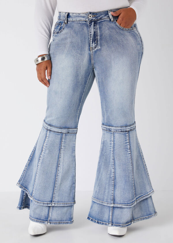 Tiered Bell Bottom Jeans, Medium Blue image number 0