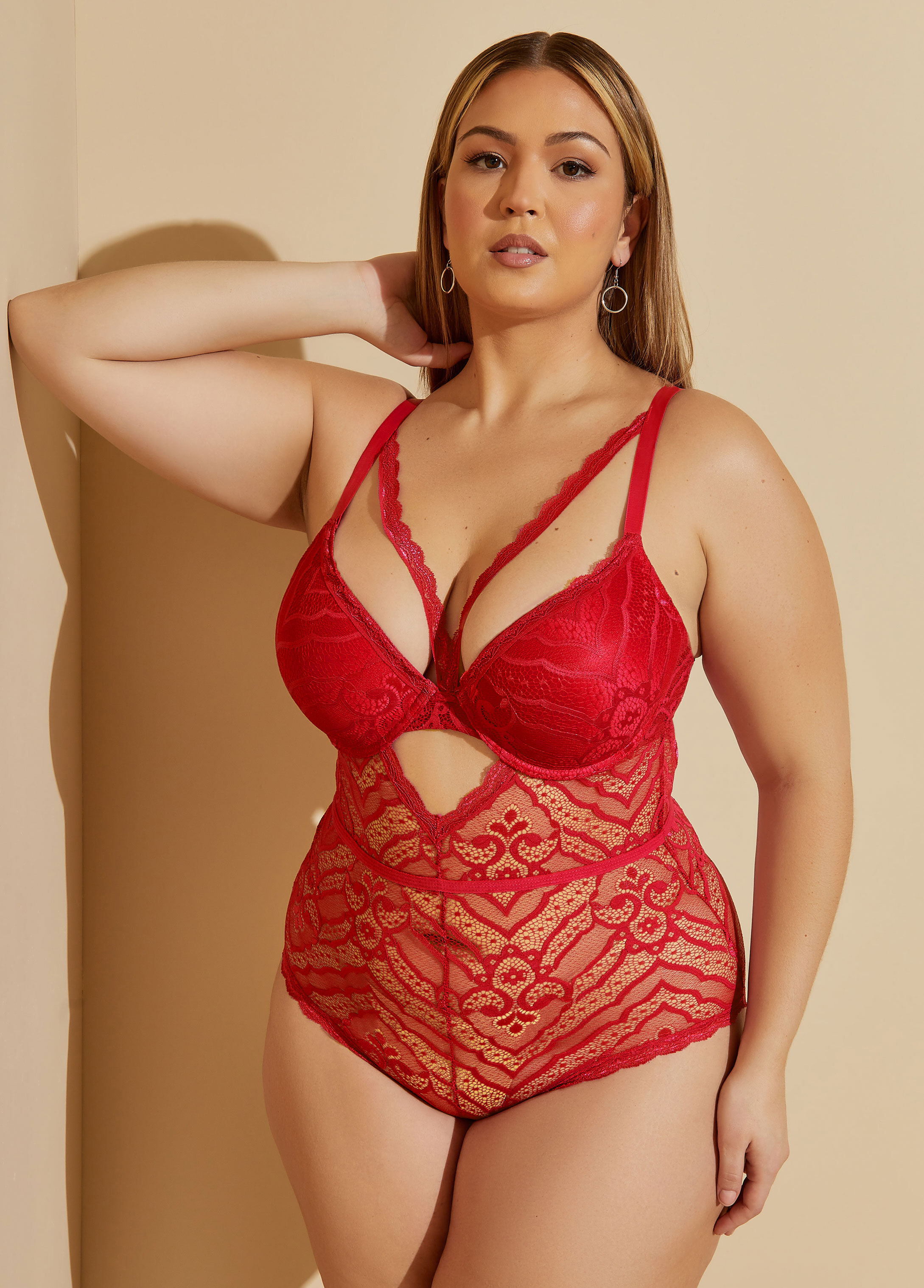 Plus Size Sexy Lingerie Lace Cutout Bow Push Up Crotchless Bodysuit