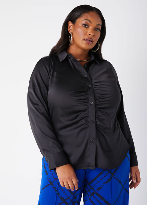 Ruched Satin Shirt, Black image number 0